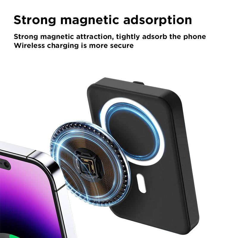 Magnetic Power Bank 10000Mah Wireless Portable Charger with USB-C Cable LED Display Foldable Battery Pack for Iphone 16/15/14/13/12/Pro/Pro Max Series Charging Compact Silicone Black