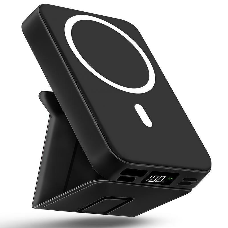 Magnetic Power Bank 10000Mah Wireless Portable Charger with USB-C Cable LED Display Foldable Battery Pack for Iphone 16/15/14/13/12/Pro/Pro Max Series Charging Compact Silicone Black